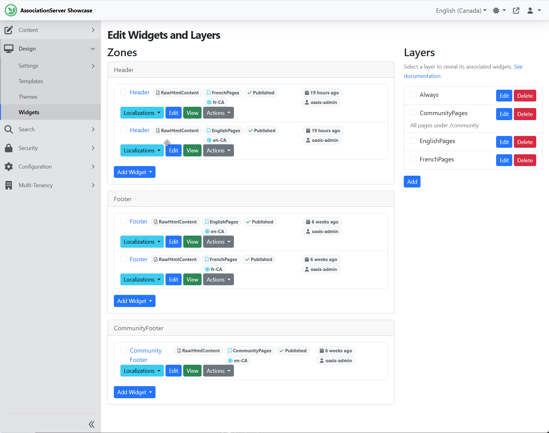 Content Studio admin: Header and Footer widgets with separate EnglishPages (en-CA) and FrenchPages (fr-CA) culture layers, plus a layer panel showing Always, CommunityPages, EnglishPages, FrenchPages