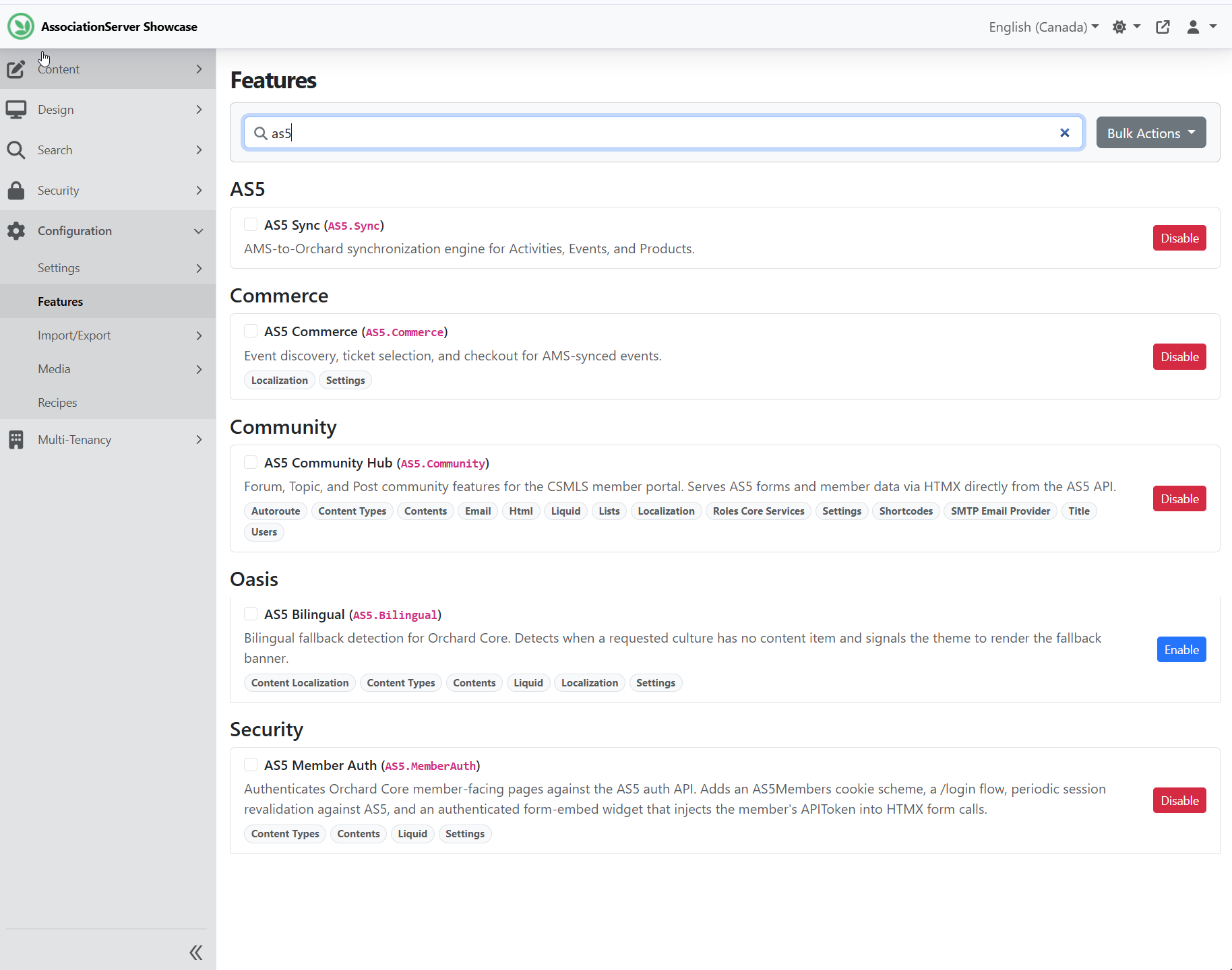 AssociationServer Showcase: AS5 modules listed in the Orchard Core Features admin — AS5.Sync, AS5.Commerce, AS5.Community, AS5.Bilingual, AS5.MemberAuth